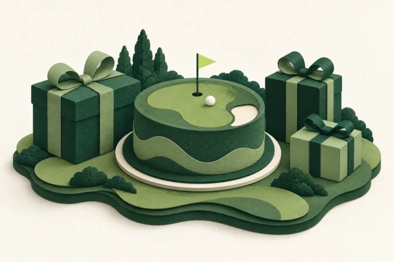 Paper-style putting-green birthday cake with wrapped golf gifts.