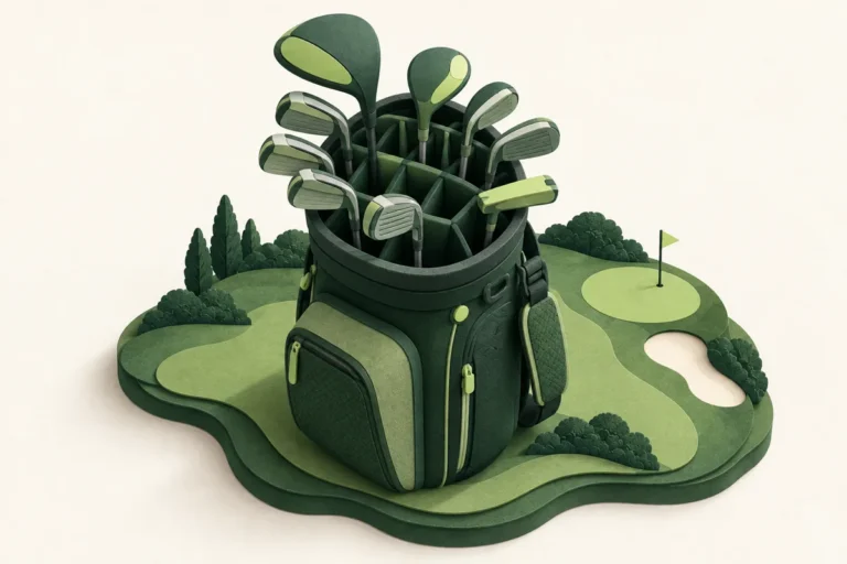 Sculpted paper illustration of a golf bag with individual dividers and neatly arranged clubs on a miniature fairway.
