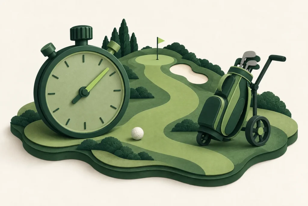 Paper-style stopwatch and golf trolley beside a winding golf course.