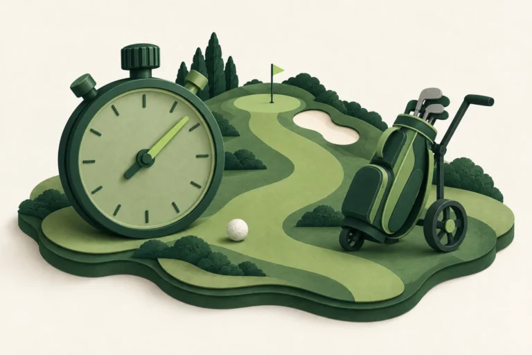 Paper-style stopwatch and golf trolley beside a winding golf course.