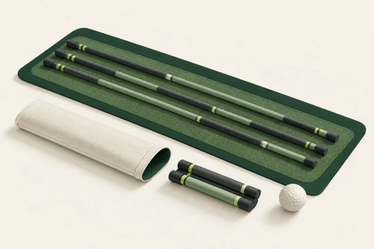Conceptual paper alignment rods on a green practice strip beside a storage sleeve, folded sections and a golf ball.