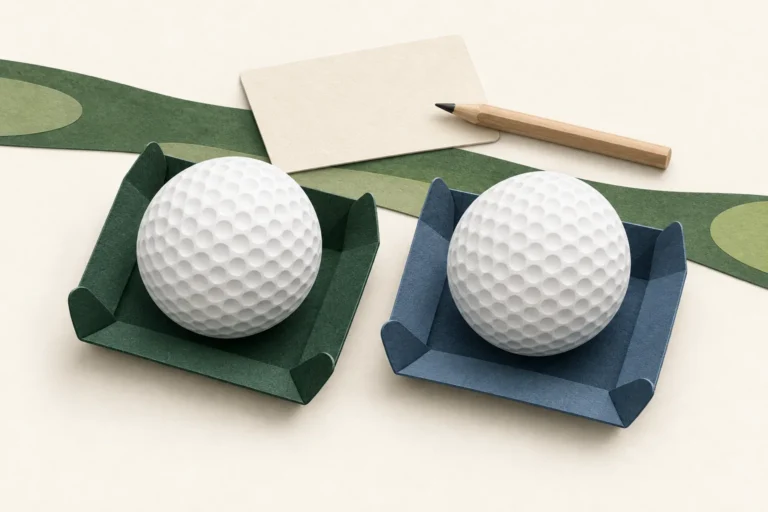 Two unbranded white golf balls on green and slate paper trays beside a blank note card and pencil.