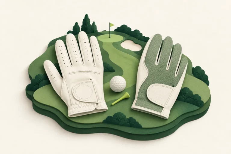 Paper-style leather and fabric golf gloves beside a ball on a miniature fairway.