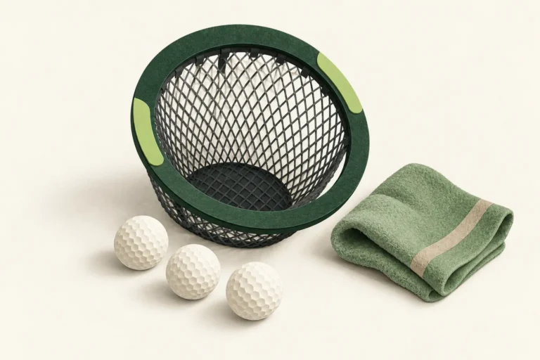 Paper-style chipping basket with three golf balls and a folded sage towel on a cream background.