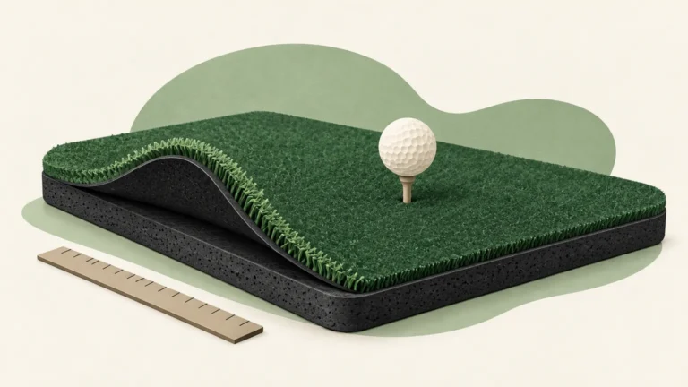 Paper-style golf hitting mat showing turf and foam layers beside a ruler and a ball on a tee.
