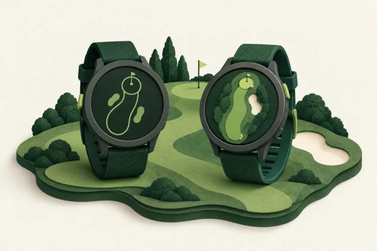 Paper-style golf watches with simple and detailed course displays on a miniature fairway.