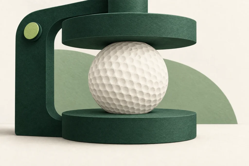 An unbranded ivory golf ball between two dark-green plates in a conceptual paper-style compression press.