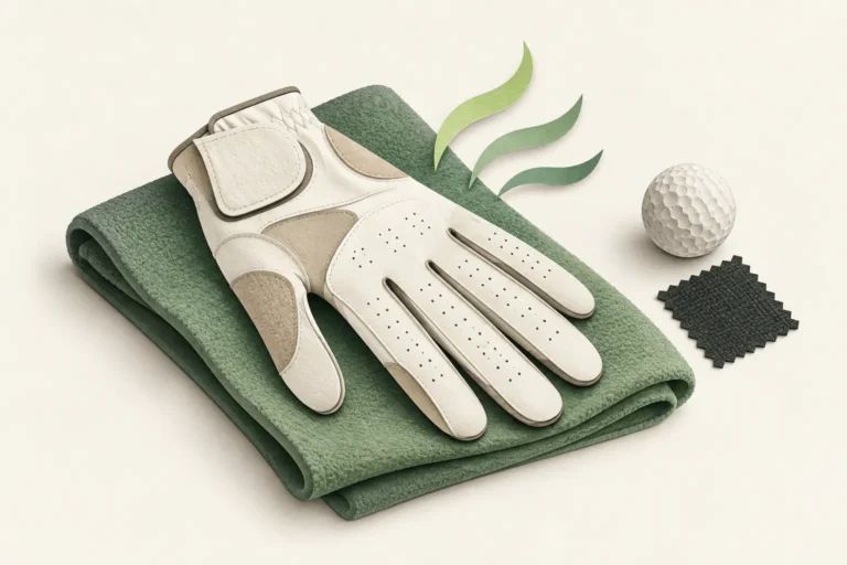 An empty ivory paper-style golf glove laid flat on a sage towel beside a golf ball, fabric swatch and airflow shapes.