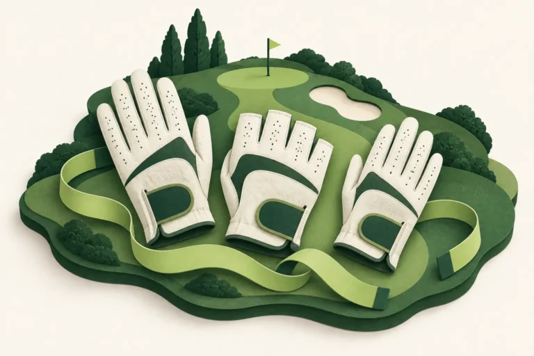Three empty paper-style golf gloves in different fits beside a measuring ribbon on a miniature fairway.