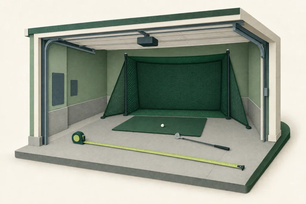 Cut-paper garage golf-net setup with a measuring tape, side nets, mat and low overhead track.