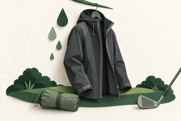 Empty charcoal rain jacket above a folded sage shell, paper raindrops and a golf iron on an ivory background.