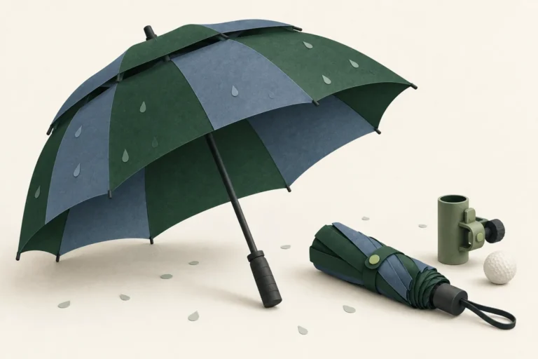 Open forest-and-slate golf umbrella beside a folded compact umbrella, cart-holder fitting and golf ball on ivory paper.