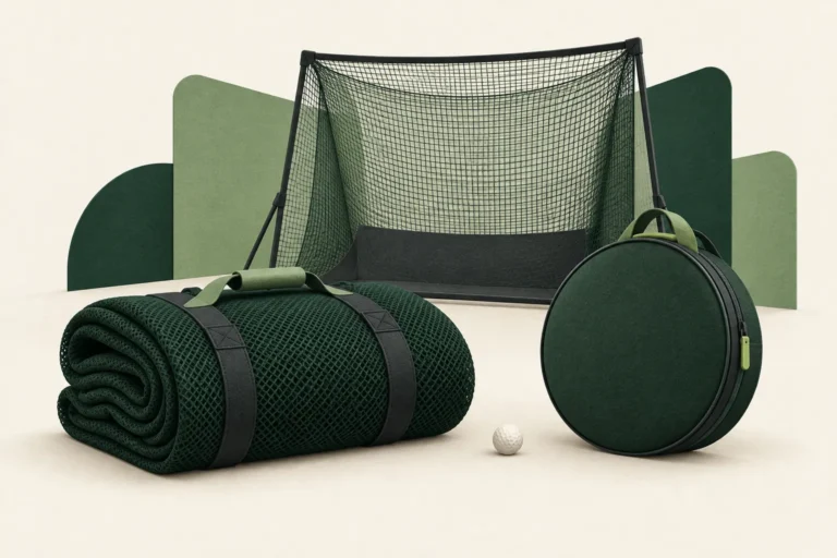 Paper-style practice net behind folded netting and a round carry case on a cream background.