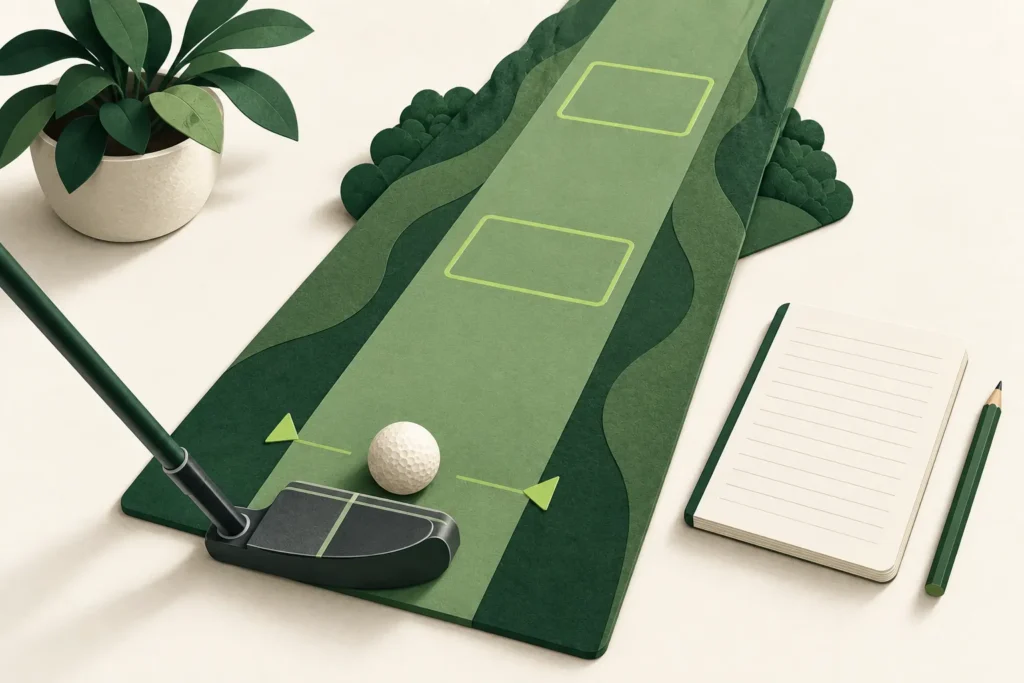 Conceptual paper putting lane with a ball, two stopping zones and a blank notebook.