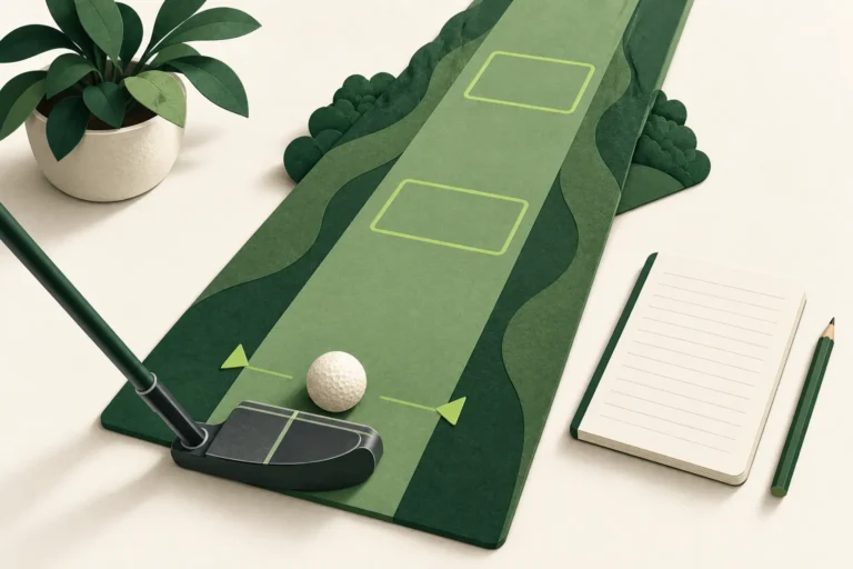 Conceptual paper putting lane with a ball, two stopping zones and a blank notebook.