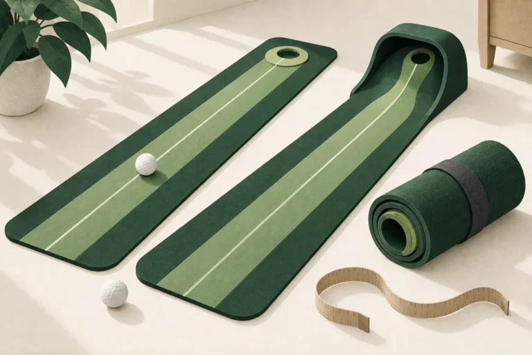 Paper-style flat and return-ramp putting lanes with rolled storage and a measuring tape.