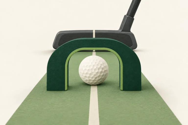 An ivory golf ball inside a green putting gate on a sage practice strip, with a wider charcoal putter behind.