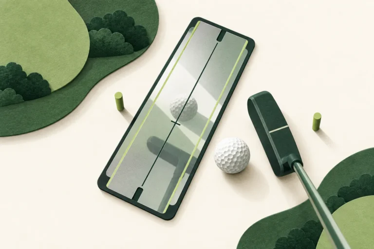 Conceptual putting alignment mirror beside a golf ball, putter and two tee markers in a tactile green-and-ivory illustration.