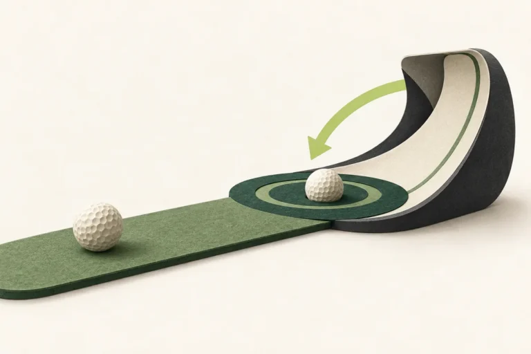 Conceptual cream-and-charcoal paper ramp with two golf balls, a green target and lime return arrow on a sage putting strip.