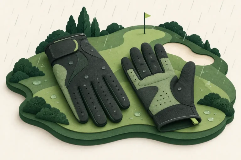 Paper-style pair of rain golf gloves on a miniature fairway in light rain.