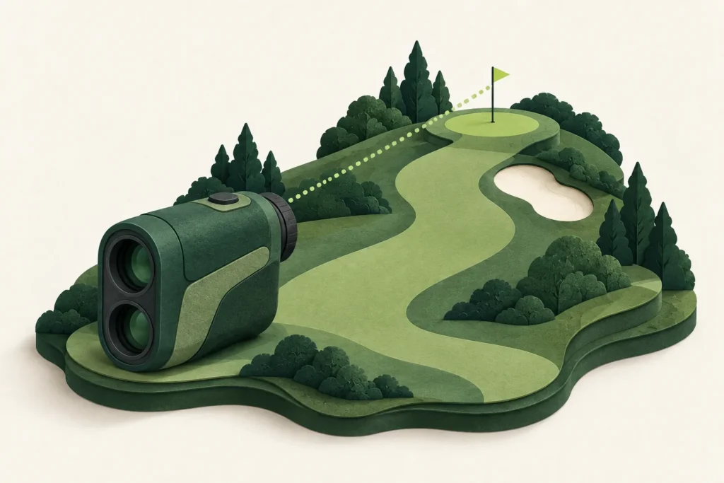 Paper-style rangefinder with a sight line toward an elevated golf green.