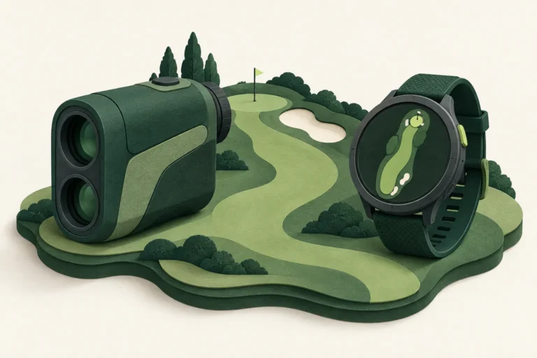 Paper-style illustration of a golf rangefinder and GPS watch on a miniature course.