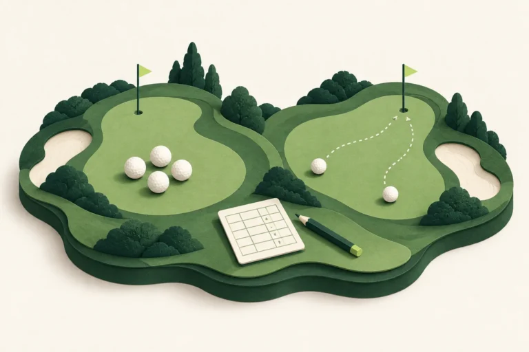 Paper-style golf greens with grouped balls, separate ball paths and a scorecard.