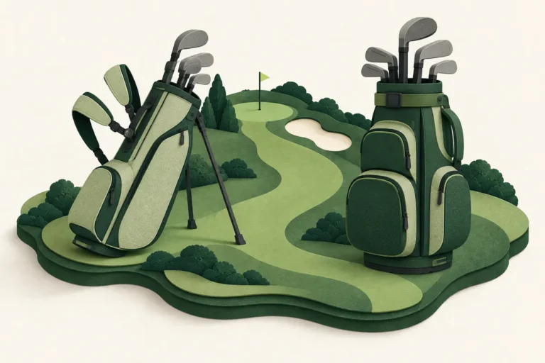 Paper-style stand golf bag with legs beside a larger cart bag on a miniature fairway.