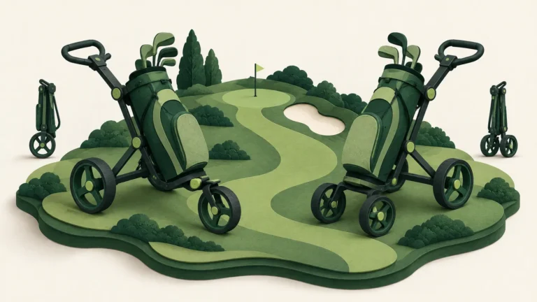 Paper-style three-wheel and four-wheel golf push carts side by side on a miniature fairway.