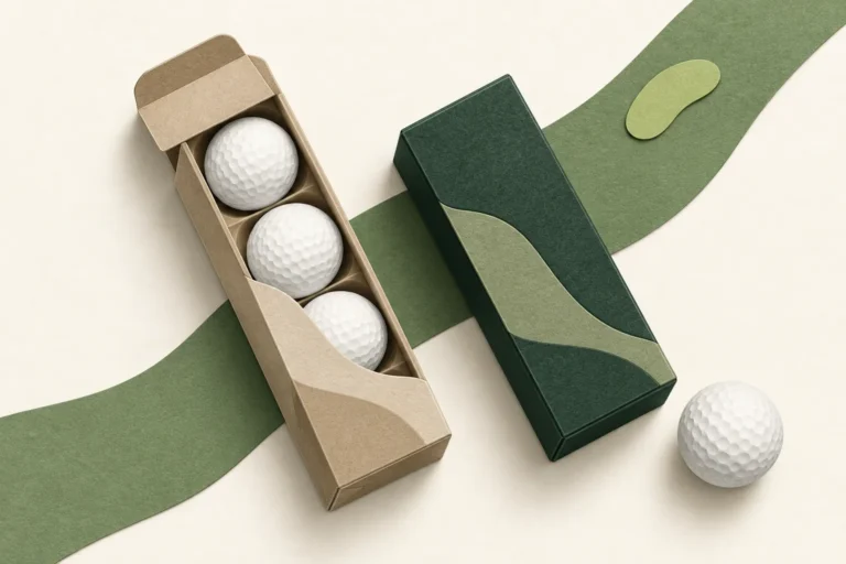 An open tan golf-ball sleeve and a closed forest-green sleeve with unbranded white golf balls on an ivory background.