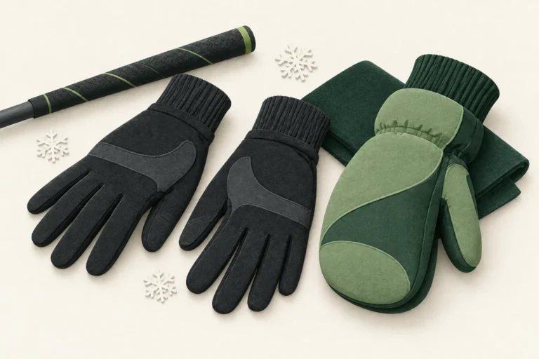 Charcoal playing gloves beside a sage over-mitt and golf grip in a paper-textured cold-weather still life.