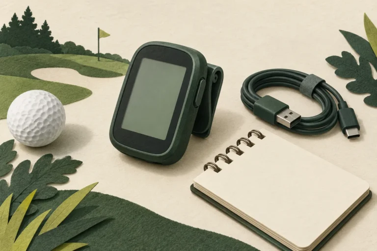 Conceptual clip-on yardage device with charging cable and blank readiness notebook