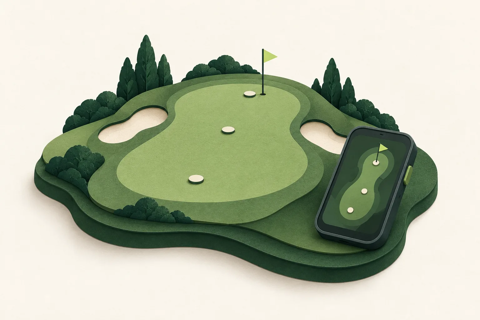 Paper-style green with three endpoint markers, an offset flag and a generic screen