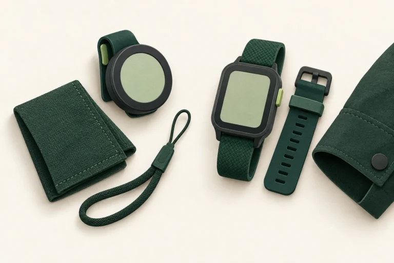 Conceptual clip-on GPS and golf watch beside empty clothing and lanyard