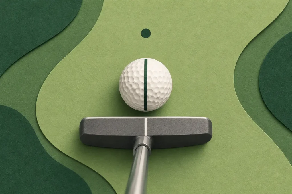 AI-generated conceptual illustration of a striped golf ball, putter face and chosen initial-direction dot.