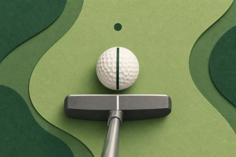 AI-generated conceptual illustration of a striped golf ball, putter face and chosen initial-direction dot.
