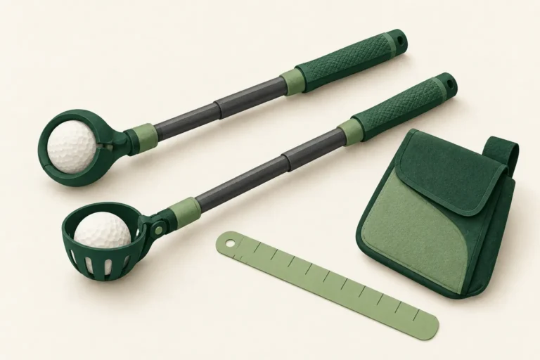 AI-generated conceptual paper illustration of two generic retrieval heads with golf balls, a bag pocket and measuring strip; not exact product photographs.