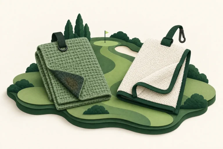 AI-generated conceptual illustration of generic waffle-textured and terry-loop towels with hanging loops.