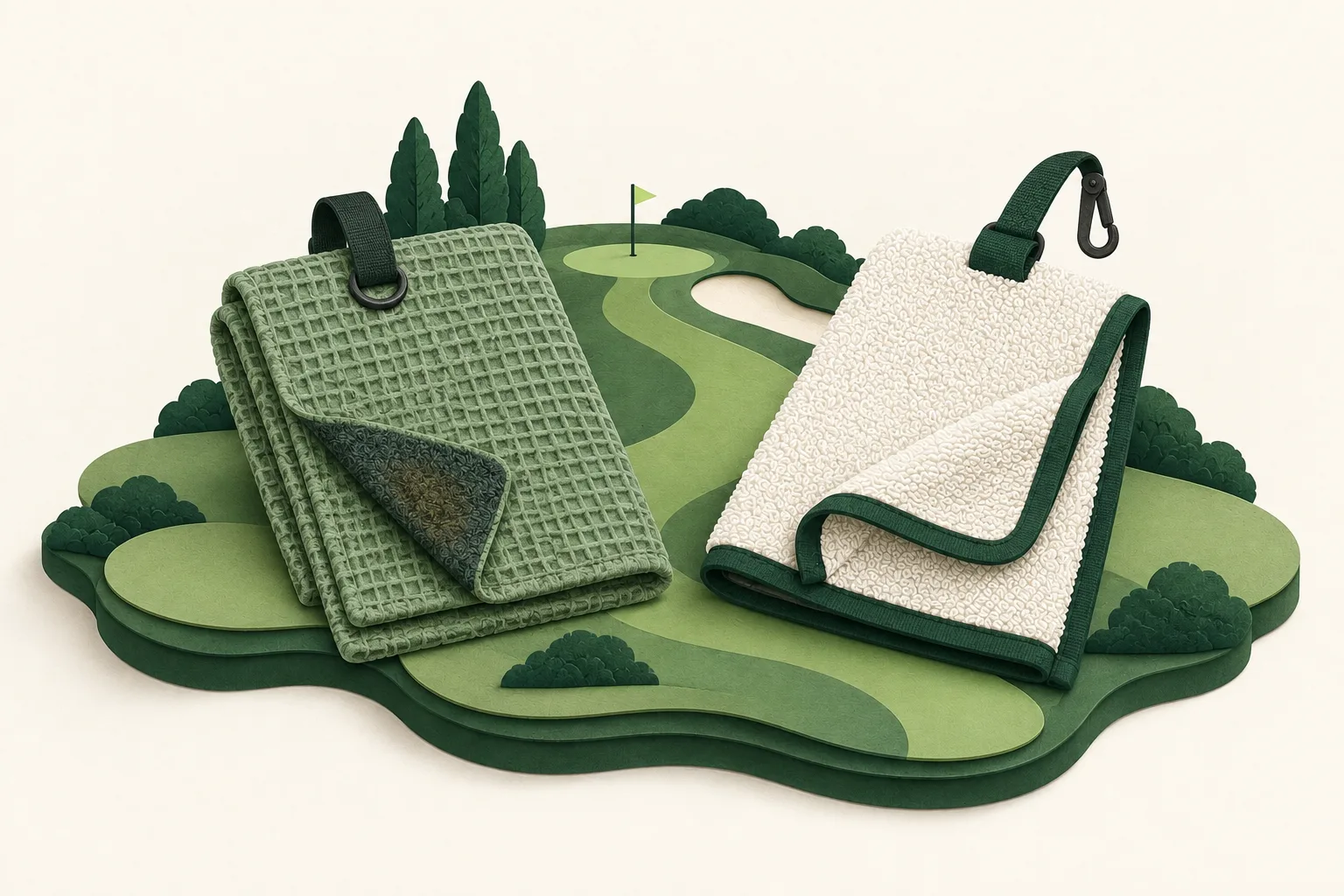 AI-generated conceptual illustration of generic waffle-textured and terry-loop towels with hanging loops.