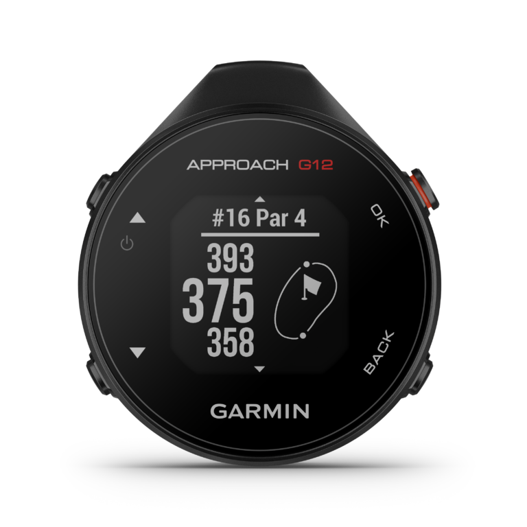 Black Garmin Approach G12 clip-on golf GPS, manufacturer photograph