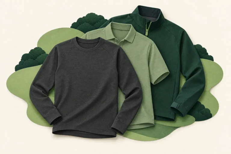 AI-generated conceptual illustration of an empty crew-neck base layer, polo and outer shell arranged in layers; not exact product photographs.