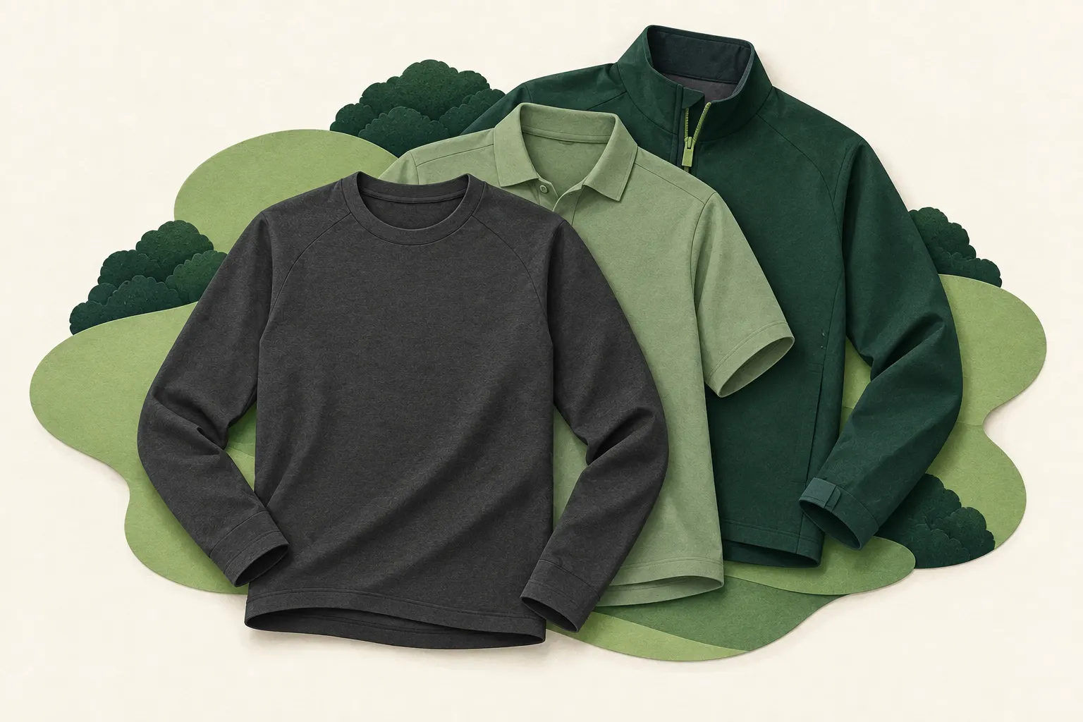 AI-generated conceptual illustration of an empty crew-neck base layer, polo and outer shell arranged in layers; not exact product photographs.