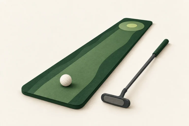 AI-generated conceptual illustration of a generic putting lane, ball and putter; not an exact product photograph.