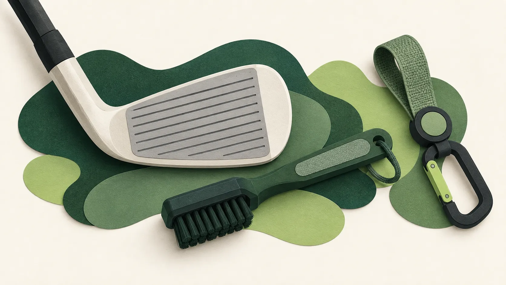 Generic soft-bristle brush beside an empty iron head and separate bag clip in cut-paper style