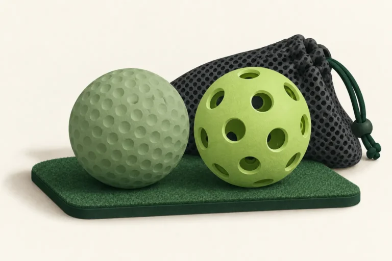 AI-generated conceptual illustration of a dimpled foam practice ball beside a hollow perforated ball and mesh pouch; not exact product photographs.