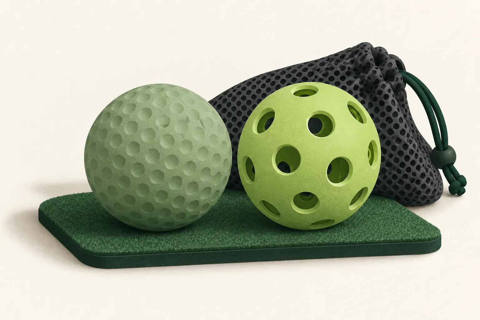 AI-generated conceptual illustration of a dimpled foam practice ball beside a hollow perforated ball and mesh pouch; not exact product photographs.