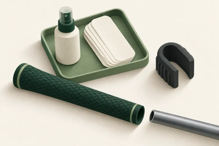 AI-generated conceptual illustration of generic tape, closed solvent bottle, shaft clamp and separate grip and shaft; not exact product photographs.