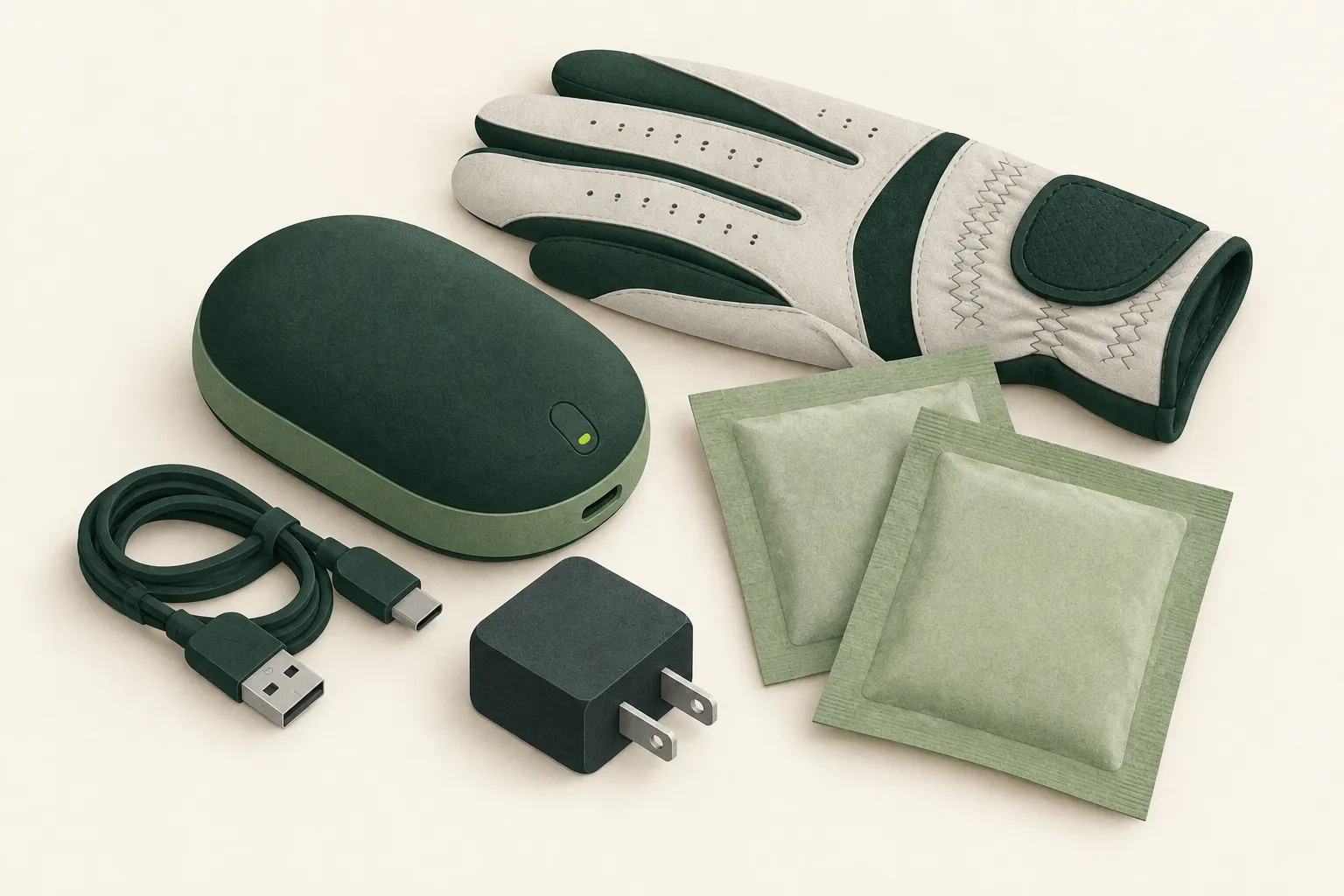 AI-generated conceptual illustration of a generic hand warmer, unplugged charging cable, sealed packets and an empty golf glove.