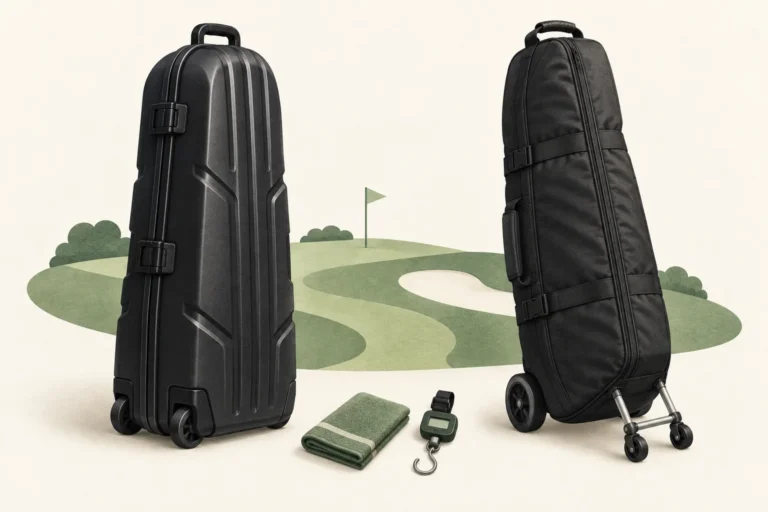 AI-generated illustration comparing a generic rigid golf travel case and padded fabric cover; not exact product photographs.