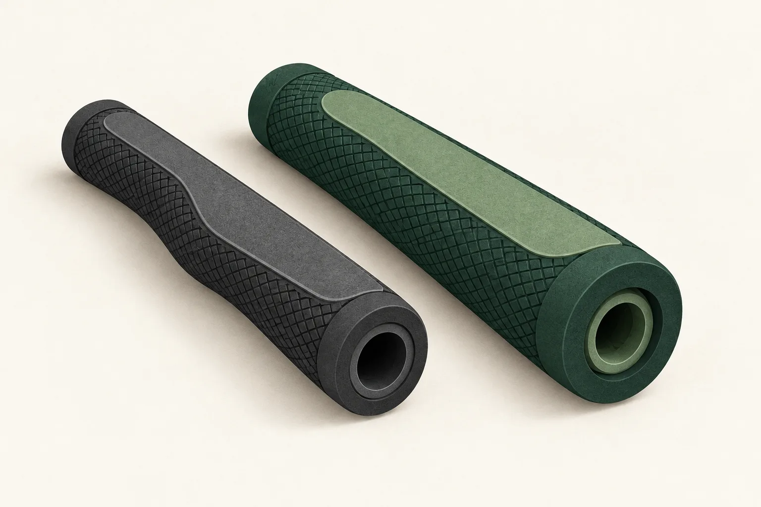 AI-generated conceptual illustration of two generic grip sleeves with different outer profiles and visible bores.